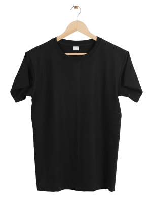 Classic round neck black T-shirt, 100% cotton, offering comfort and style. Ideal for casual wear.