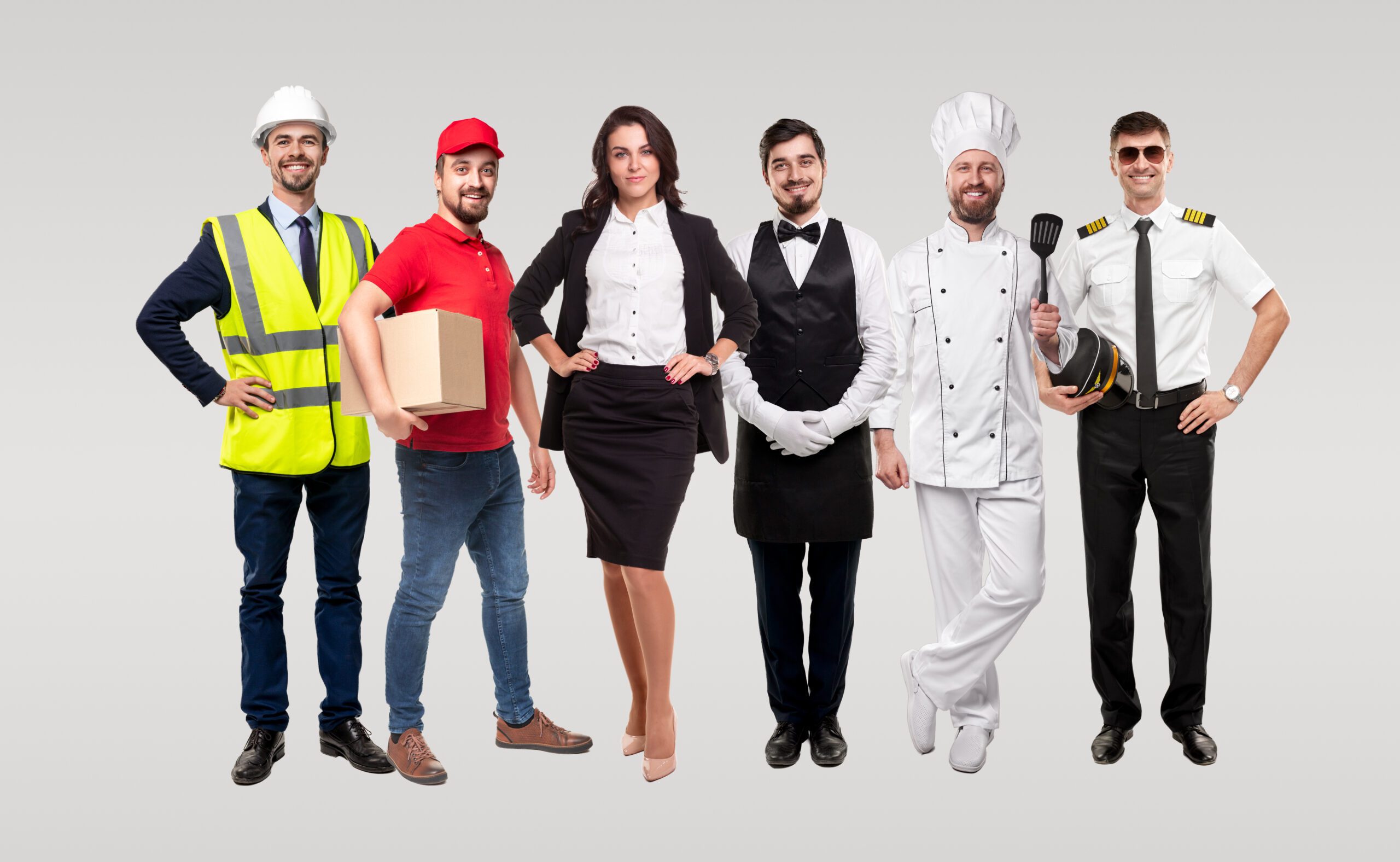 A diverse collection of professional uniforms by Pathanjali Knitwear, showcasing custom-designed attire for construction workers, delivery staff, office professionals, waiters, chefs, and pilots.